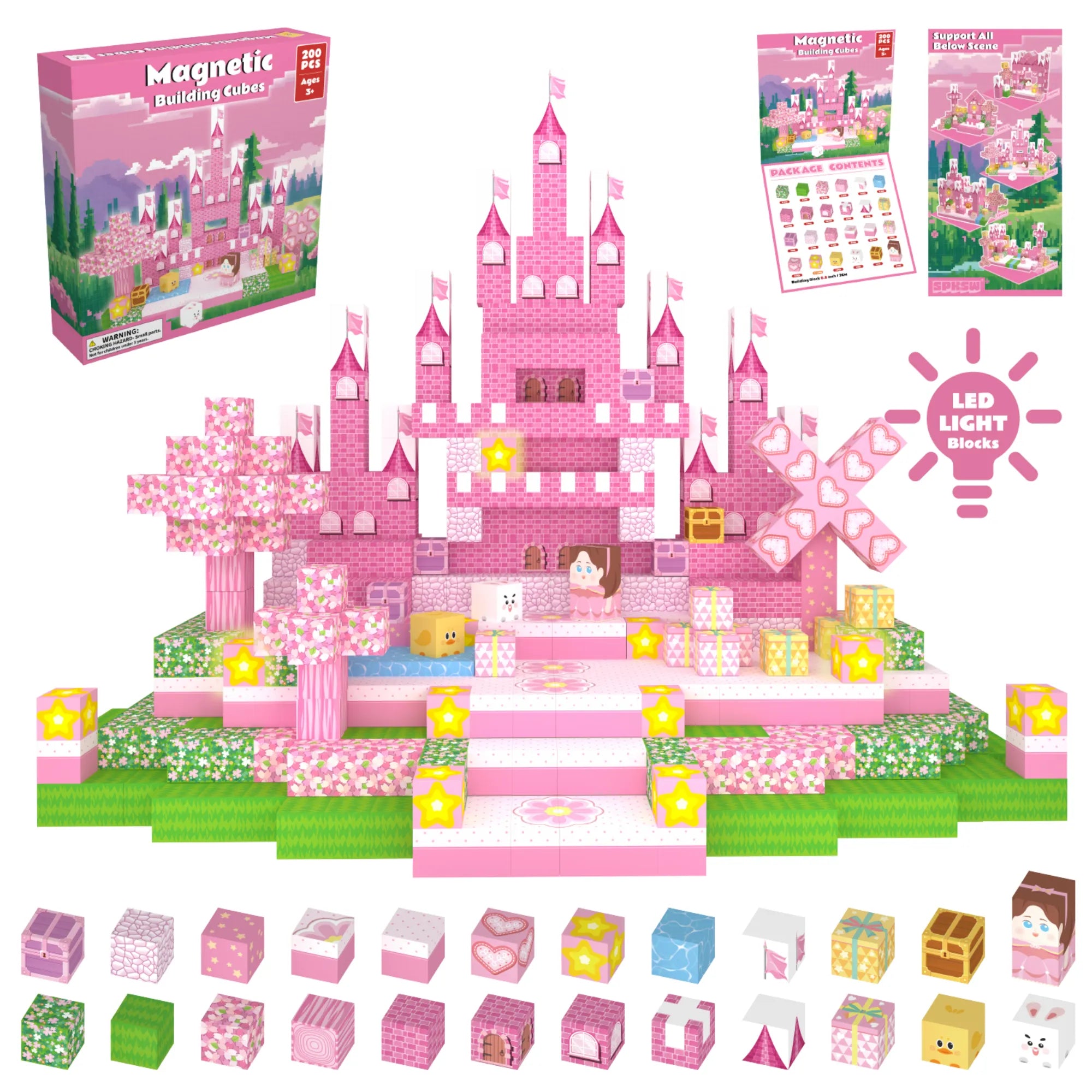 Magnetic Blocks with LED Light Up Blocks 100, 200 PCS | 2cm/0.8" | Magnet Toys for Kids | Magnetic Building Blocks Cubes | Stacking Magnets | Dream Castle
