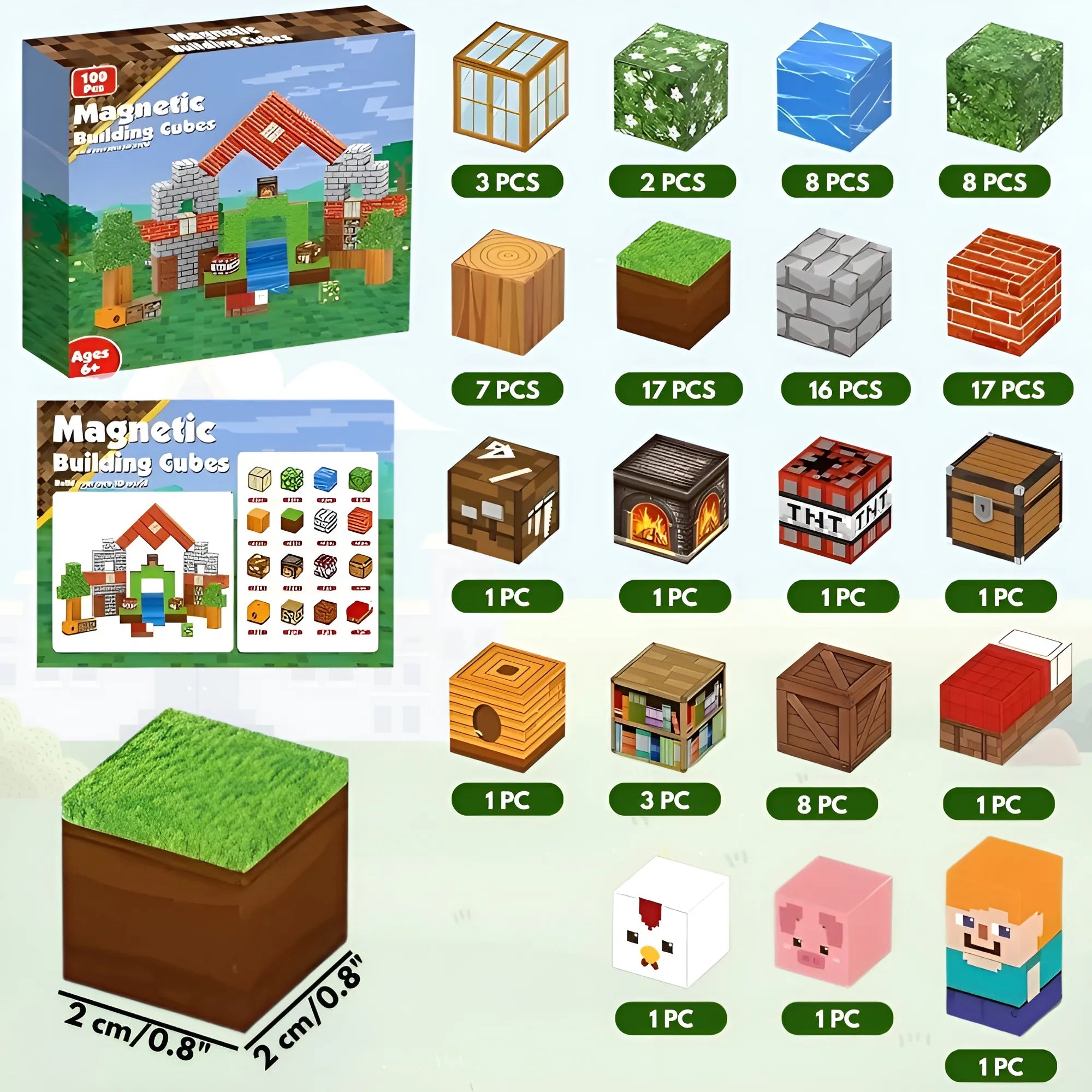 Original Magnetic Building Blocks 100 PCS | 2cm/0.8" | Magnet Toys for Kids | Magnetic Building Blocks Cubes | Stacking Magnets