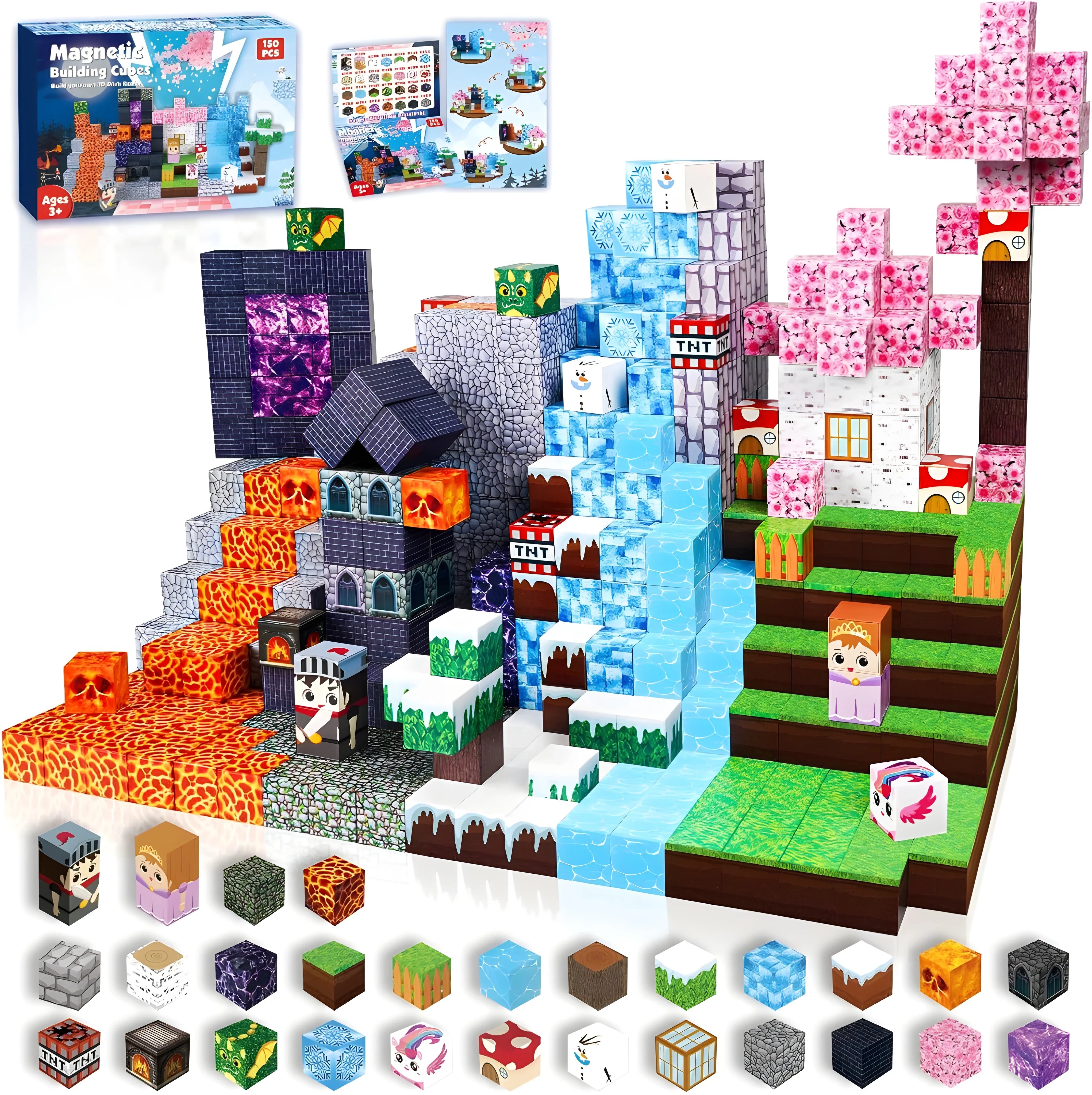 Magnetic Building Blocks 150 PCS | 2cm/0.8" | Magnet Toys for Kids | Magnetic Building Blocks Cubes | Stacking Magnets | Ice & Fire