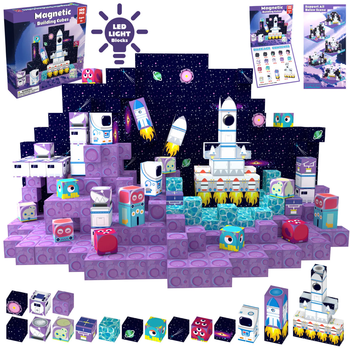 Magnetic Blocks with LED Light Up Blocks 100, 200 PCS | 2cm/0.8" | Magnet Toys for Kids | Magnetic Building Blocks Cubes | Stacking Magnets | Rocket Ship