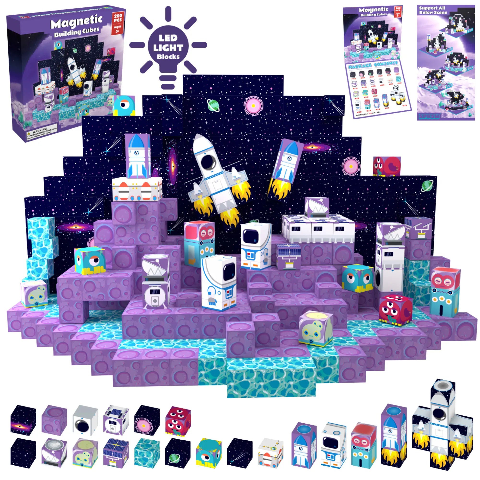 Magnetic Blocks with LED Light Up Blocks 100, 200 PCS | 2cm/0.8" | Magnet Toys for Kids | Magnetic Building Blocks Cubes | Stacking Magnets | Rocket Ship