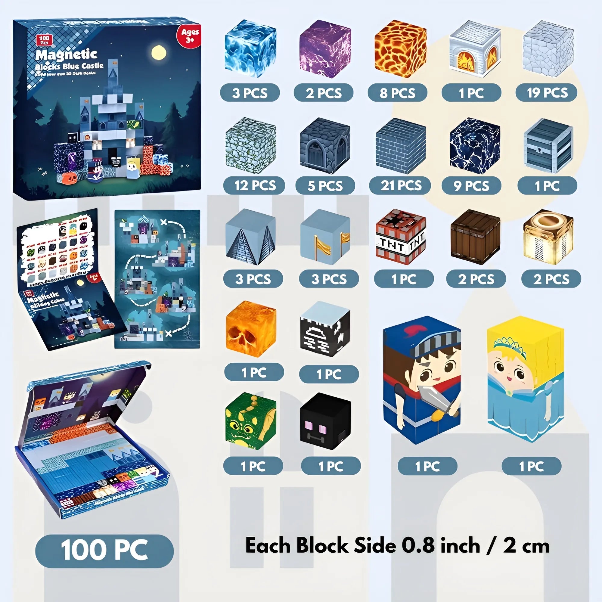 Magnetic Building Blocks 100 PCS | 2cm/0.8" | Magnet Toys for Kids | Magnetic Building Blocks Cubes | Stacking Magnets | Blue Castle