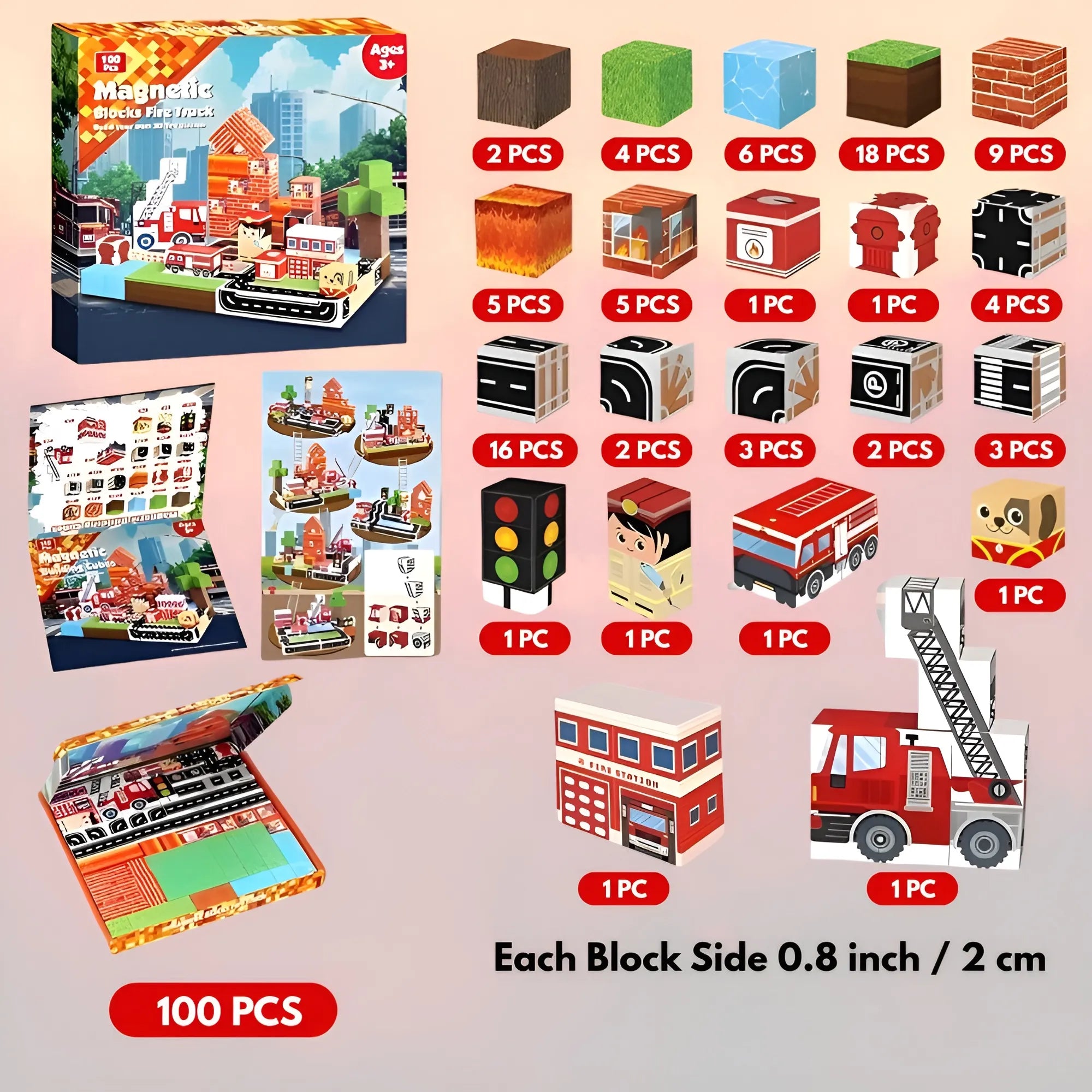 Magnetic Building Blocks 100 PCS | 2cm/0.8" | Magnet Toys for Kids | Magnetic Building Blocks Cubes | Stacking Magnets | Fire Rescue