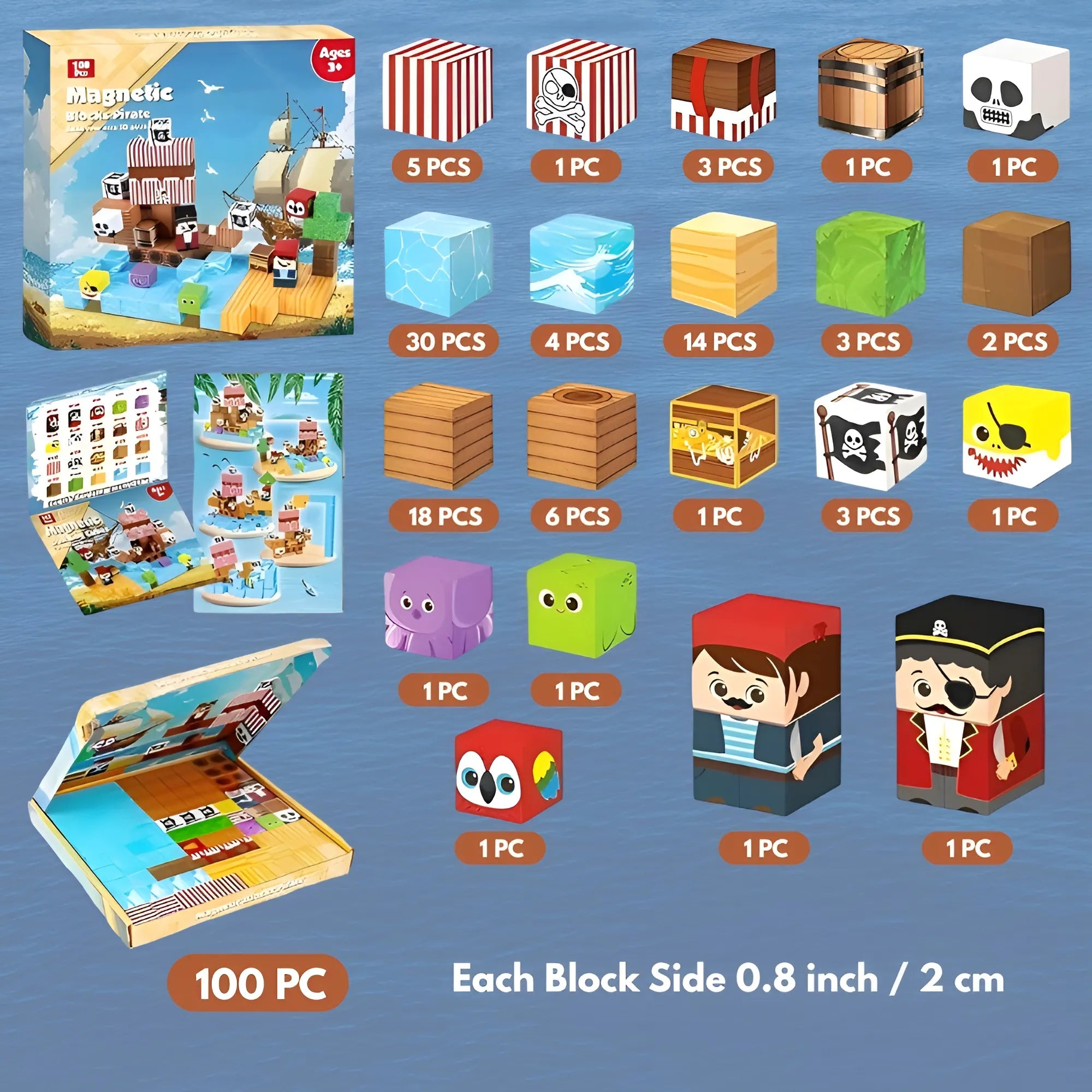 Magnetic Building Blocks 100 PCS | 2cm/0.8" | Magnet Toys for Kids | Magnetic Building Blocks Cubes | Stacking Magnets | Pirate Ship