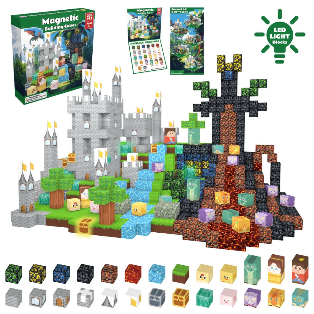 Magnetic Blocks with LED Light Up Blocks 100, 200 PCS | 2cm/0.8" | Magnet Toys for Kids | Magnetic Building Blocks Cubes | Stacking Magnets | Dinosaur