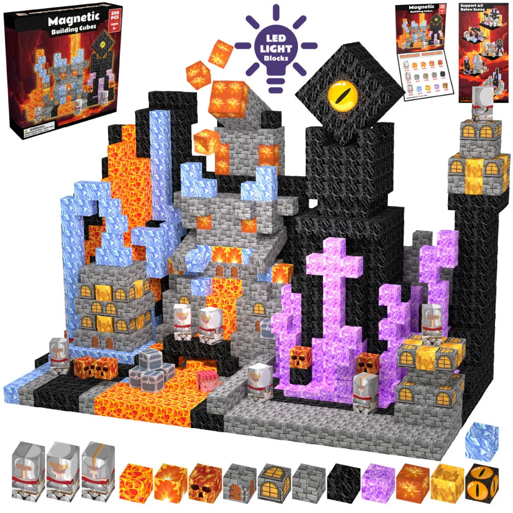 Magnetic Blocks with LED Light Up Blocks 100, 200 PCS | 2cm/0.8" | Magnet Toys for Kids | Magnetic Building Blocks Cubes | Stacking Magnets | Dungeon