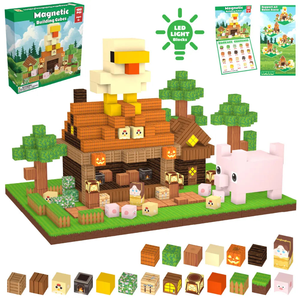 Magnetic Blocks with LED Light Up Blocks 100, 200 PCS | 2cm/0.8" | Magnet Toys for Kids | Magnetic Building Blocks Cubes | Stacking Magnets | Farm