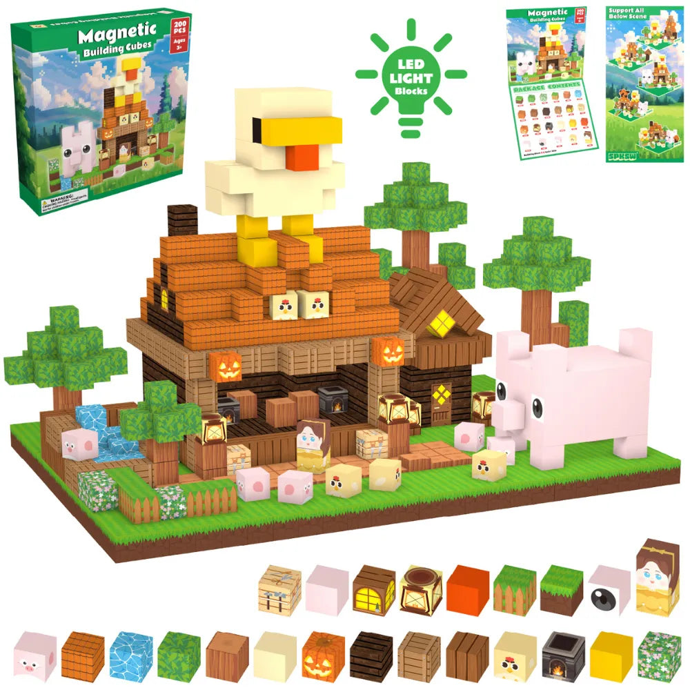 Magnetic Blocks with LED Light Up Blocks 100, 200 PCS | 2cm/0.8" | Magnet Toys for Kids | Magnetic Building Blocks Cubes | Stacking Magnets | Farm