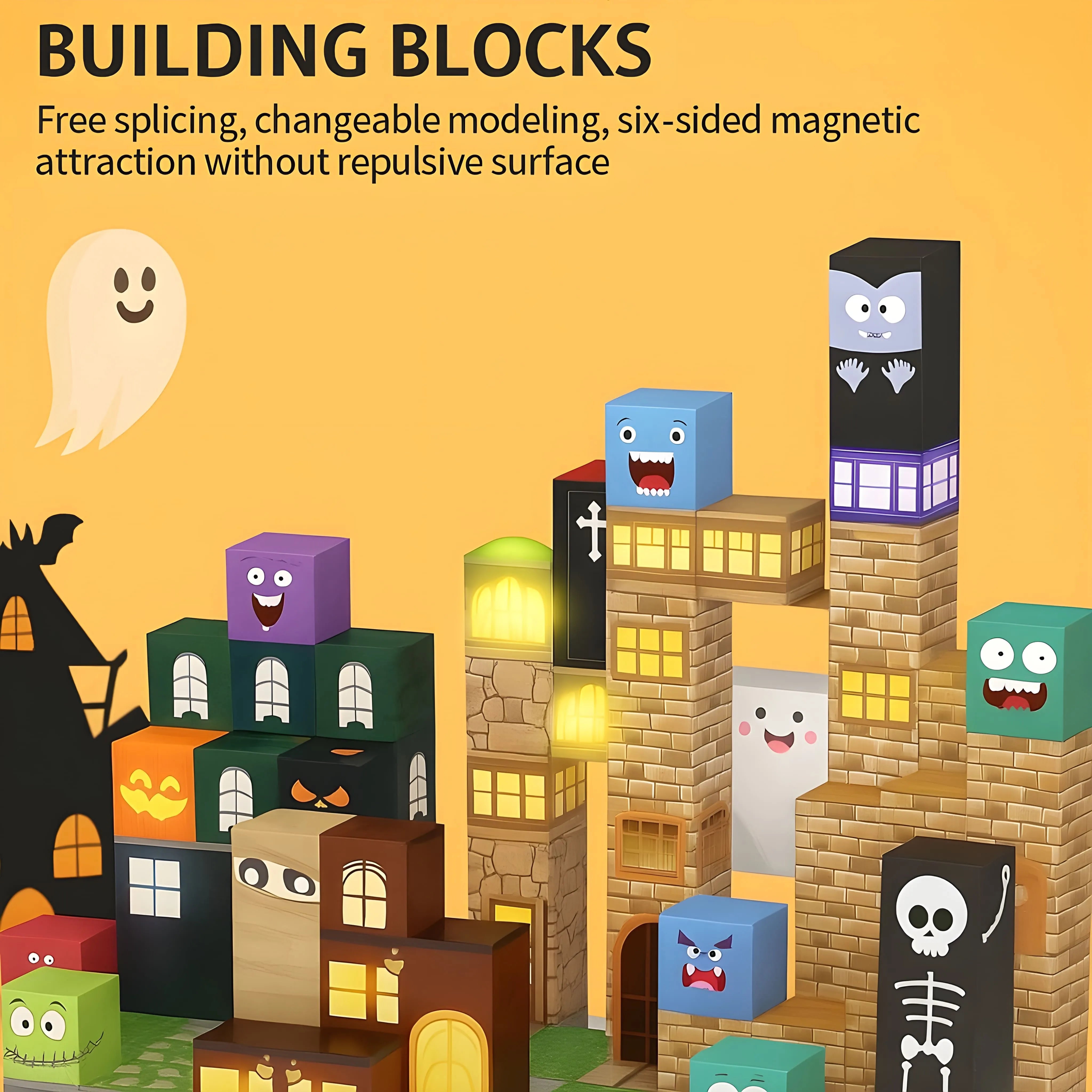 Halloween Magnetic Blocks with LED Light Up Blocks 137 PCS | 2cm/0.8" | Magnet Toys for Kids | Magnetic Building Blocks Cubes | Stacking Magnets | Midnight Magic