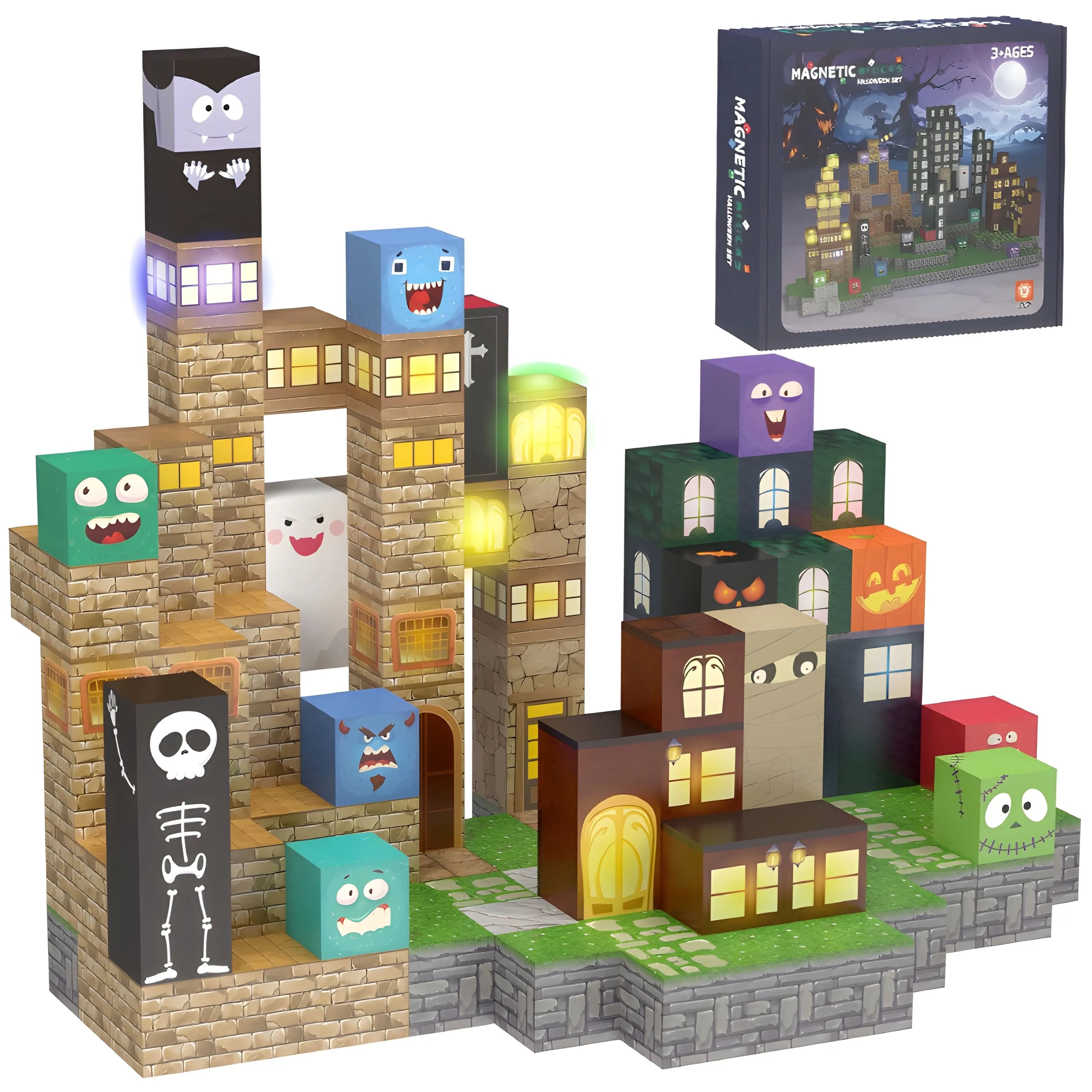 Halloween Magnetic Blocks with LED Light Up Blocks 137 PCS | 2cm/0.8" | Magnet Toys for Kids | Magnetic Building Blocks Cubes | Stacking Magnets | Midnight Magic