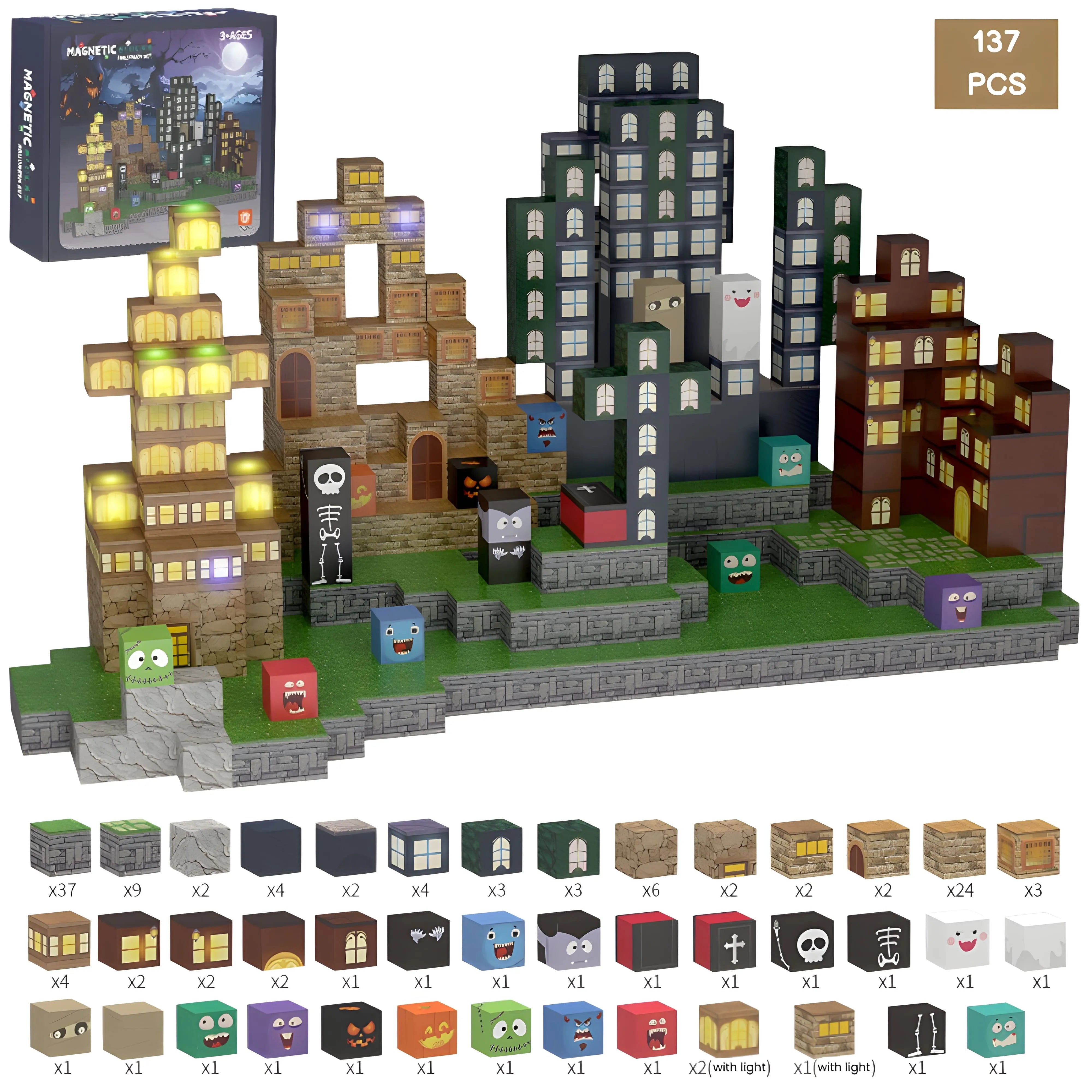 Halloween Magnetic Blocks with LED Light Up Blocks 137 PCS | 2cm/0.8" | Magnet Toys for Kids | Magnetic Building Blocks Cubes | Stacking Magnets | Midnight Magic