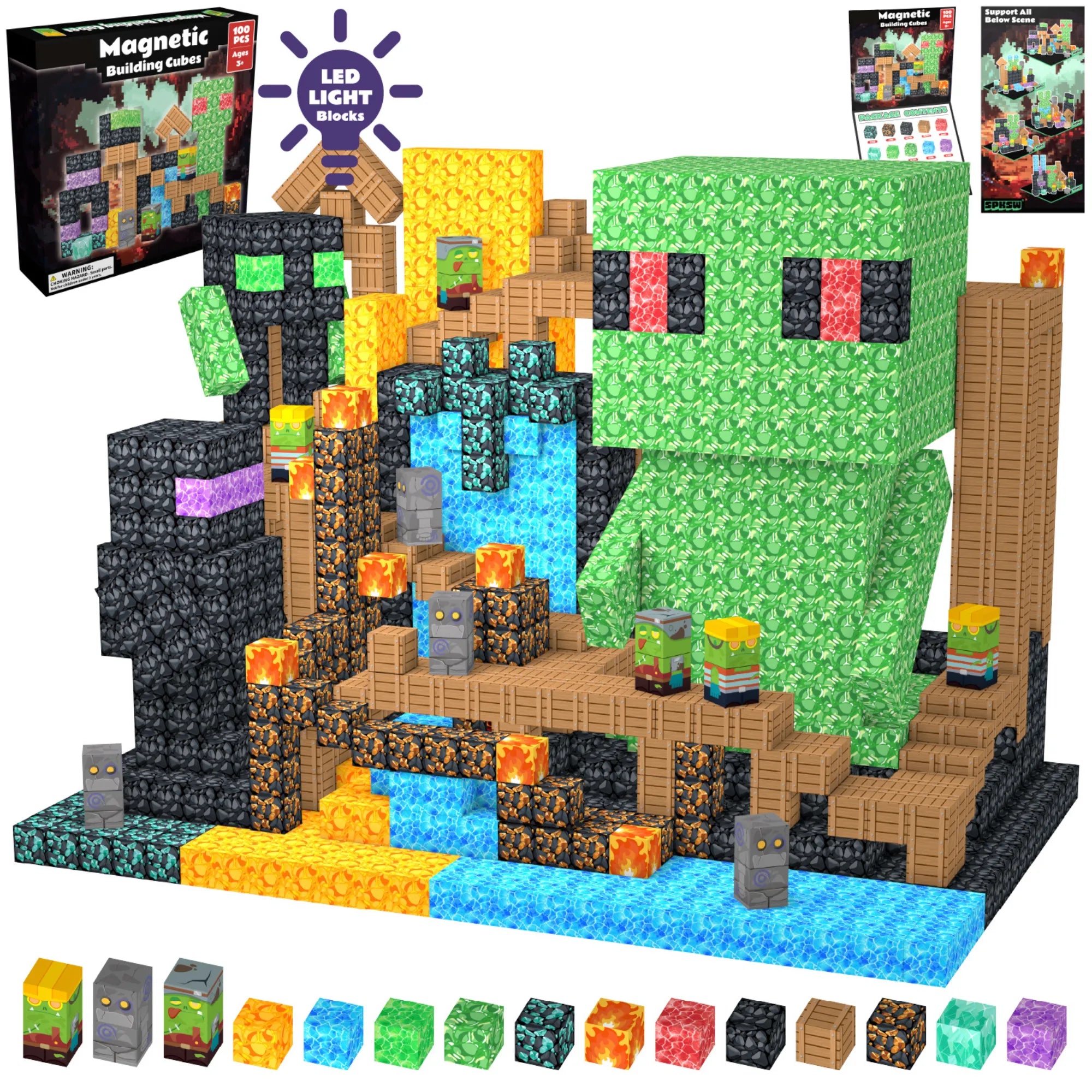 Magnetic Blocks with LED Light Up Blocks 100, 200 PCS | 2cm/0.8" | Magnet Toys for Kids | Magnetic Building Blocks Cubes | Stacking Magnets | Monster