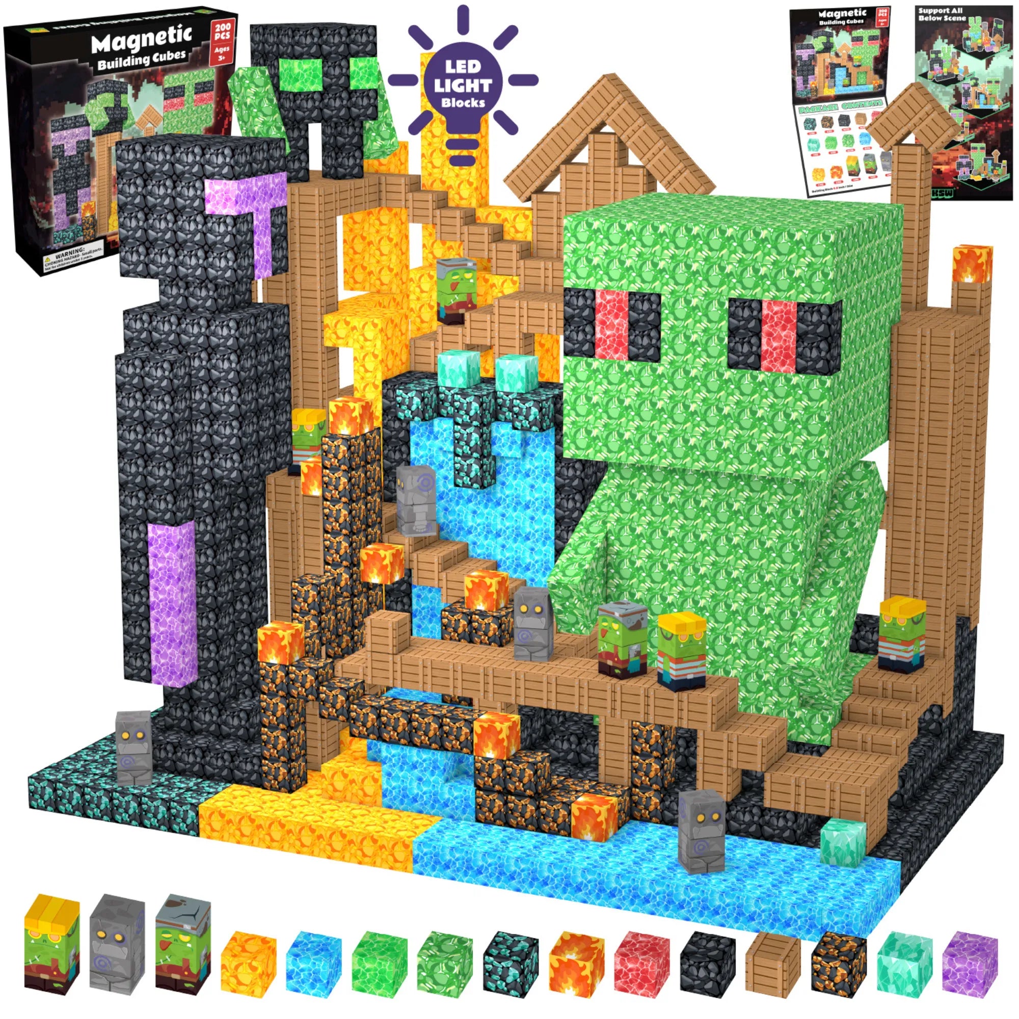 Magnetic Blocks with LED Light Up Blocks 100, 200 PCS | 2cm/0.8" | Magnet Toys for Kids | Magnetic Building Blocks Cubes | Stacking Magnets | Monster