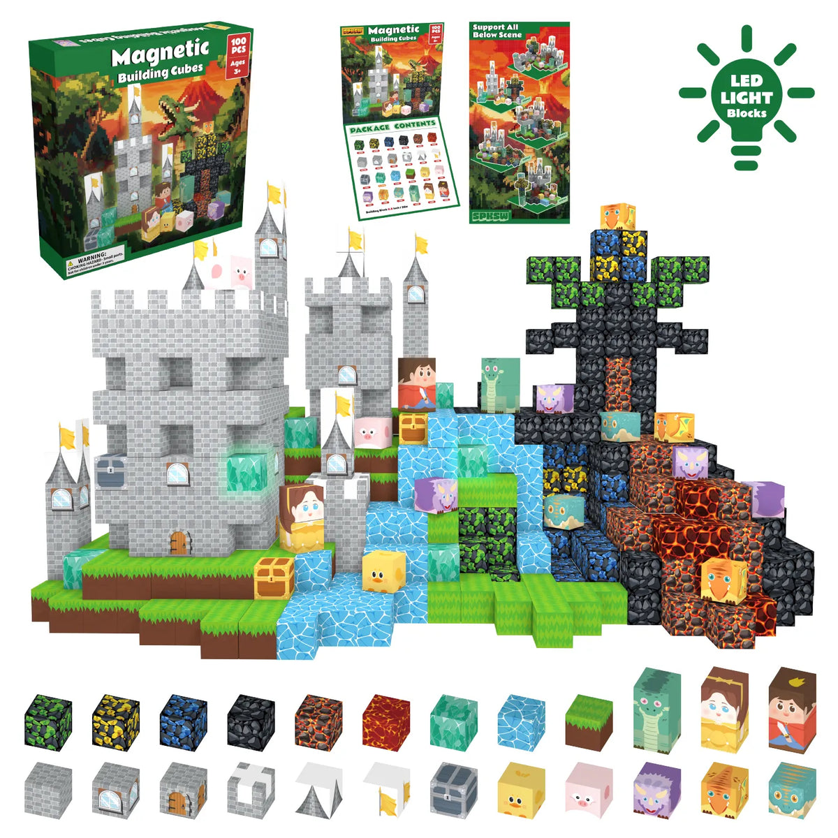 Magnetic Blocks with LED Light Up Blocks 100, 200 PCS | 2cm/0.8" | Magnet Toys for Kids | Magnetic Building Blocks Cubes | Stacking Magnets | Dinosaur