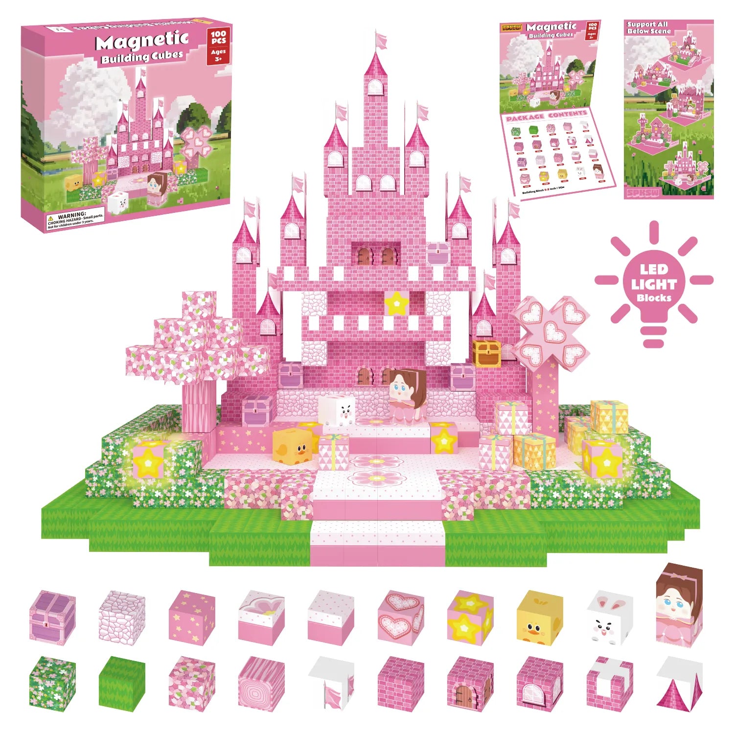 Magnetic Blocks with LED Light Up Blocks 100, 200 PCS | 2cm/0.8" | Magnet Toys for Kids | Magnetic Building Blocks Cubes | Stacking Magnets | Dream Castle