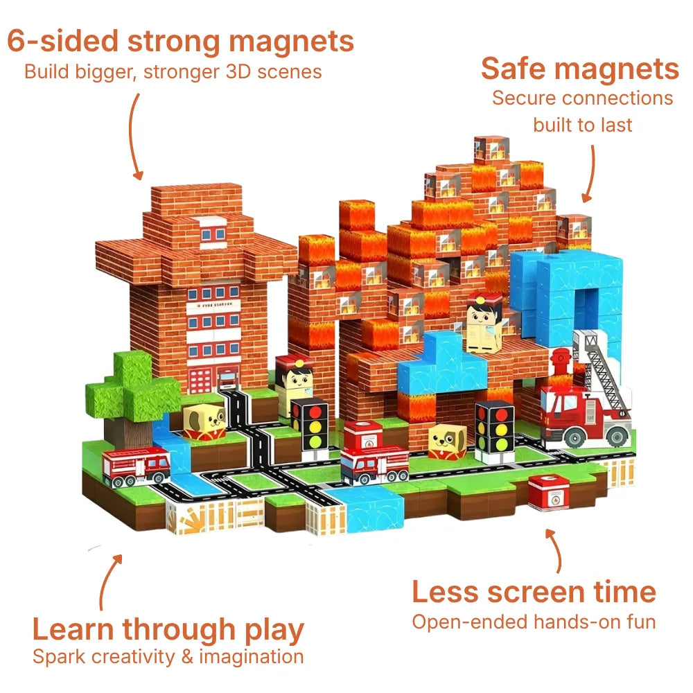Magnetic Building Blocks 100 PCS | 2cm/0.8" | Magnet Toys for Kids | Magnetic Building Blocks Cubes | Stacking Magnets | Fire Rescue
