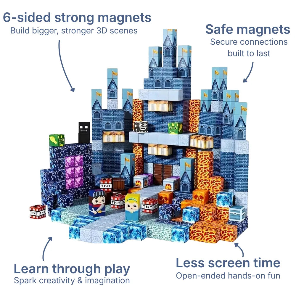 Magnetic Building Blocks 100 PCS | 2cm/0.8" | Magnet Toys for Kids | Magnetic Building Blocks Cubes | Stacking Magnets | Blue Castle