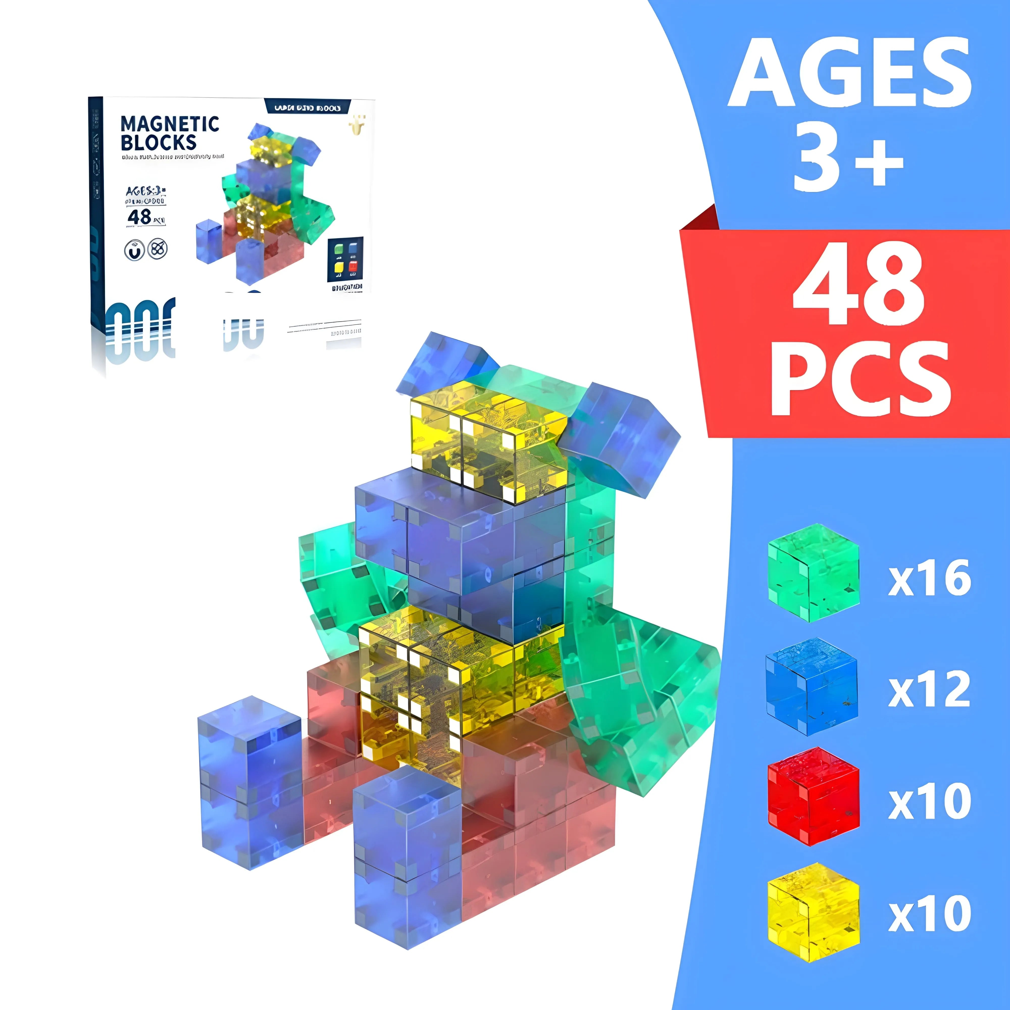 Transparent Magnetic Blocks - 48, 72, 96, 120 PCS | 1"/2.5 cm | Magnet Toys for Kids | Magnetic Building Blocks Cubes | Stacking Magnets