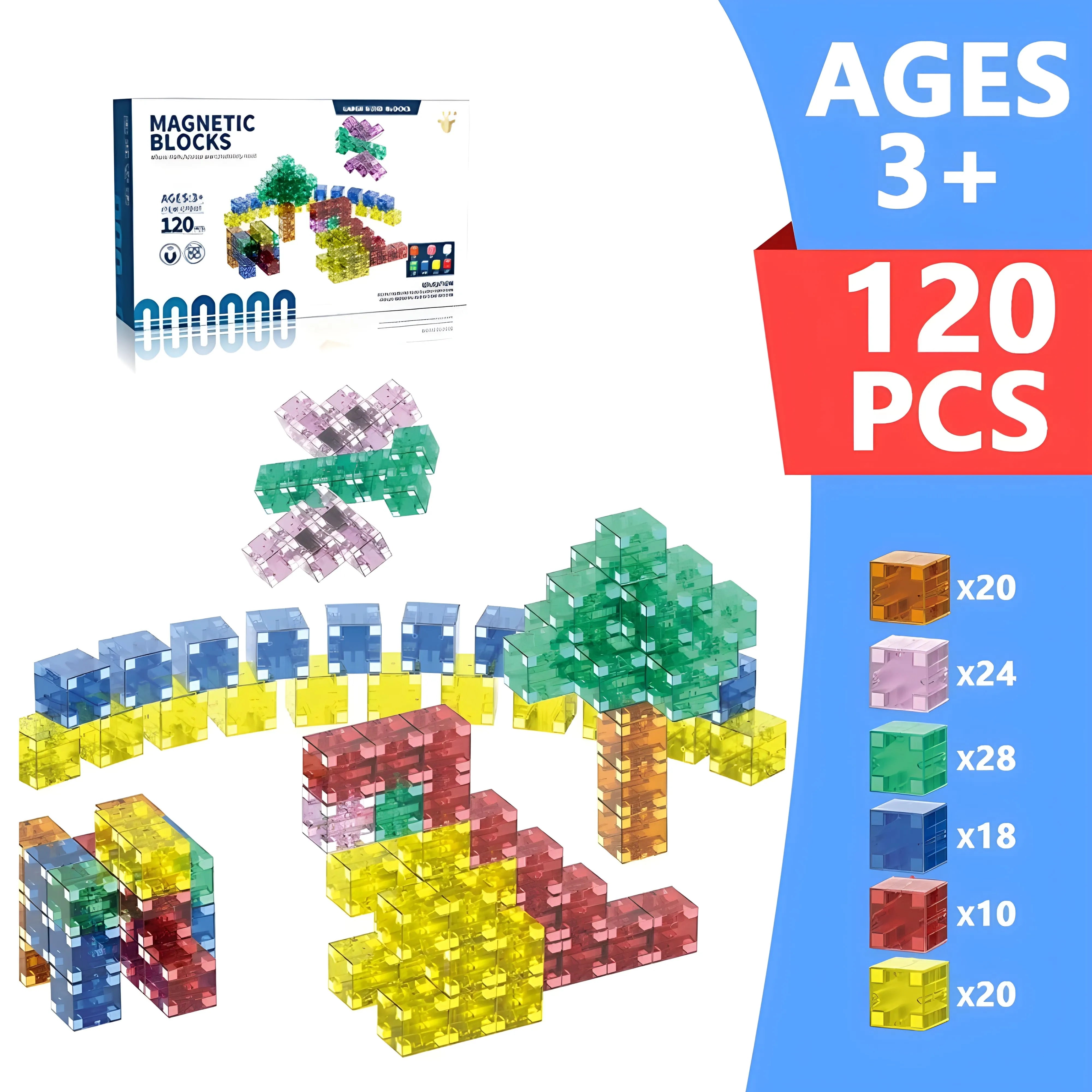 Transparent Magnetic Blocks - 48, 72, 96, 120 PCS | 1"/2.5 cm | Magnet Toys for Kids | Magnetic Building Blocks Cubes | Stacking Magnets