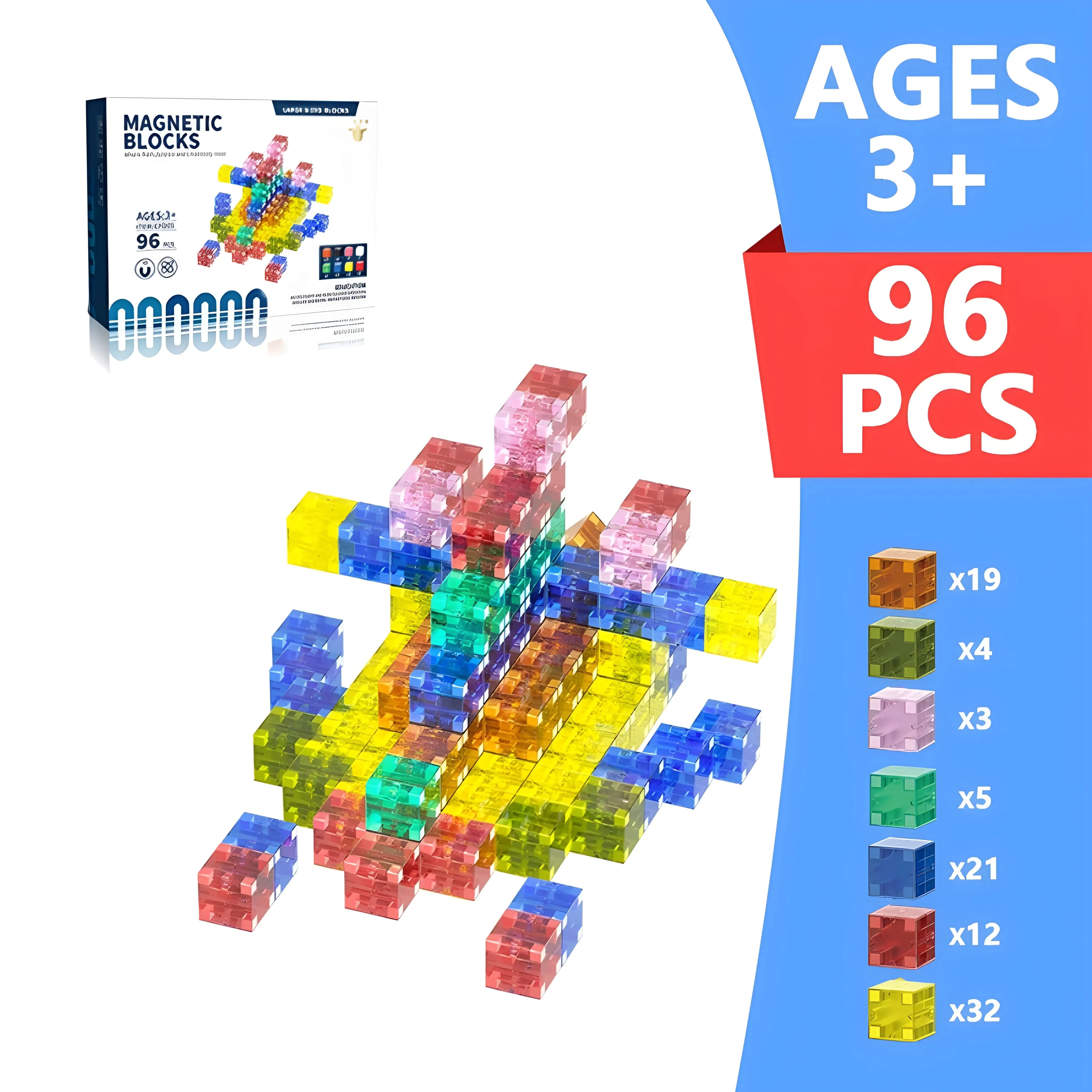 Transparent Magnetic Blocks - 48, 72, 96, 120 PCS | 1"/2.5 cm | Magnet Toys for Kids | Magnetic Building Blocks Cubes | Stacking Magnets