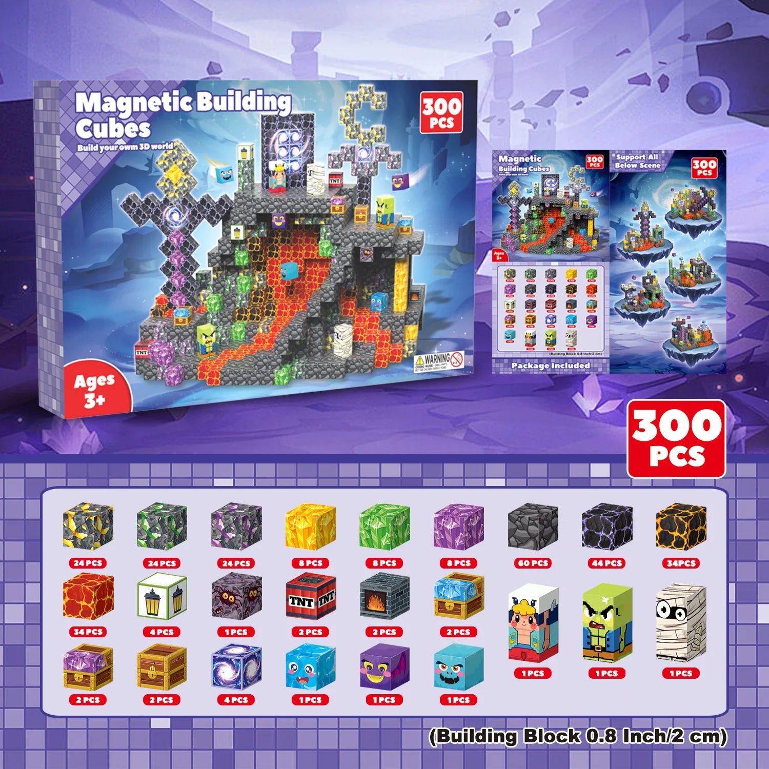 Magnetic Building Blocks 300 PCS | 2cm/0.8" | Magnet Toys for Kids | Magnetic Building Blocks Cubes | Stacking Magnets | Magma Mine