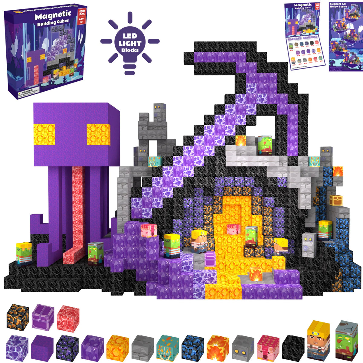 Magnetic Blocks with LED Light Up Blocks 100, 200 PCS | 2cm/0.8" | Magnet Toys for Kids | Magnetic Building Blocks Cubes | Stacking Magnets | Mining