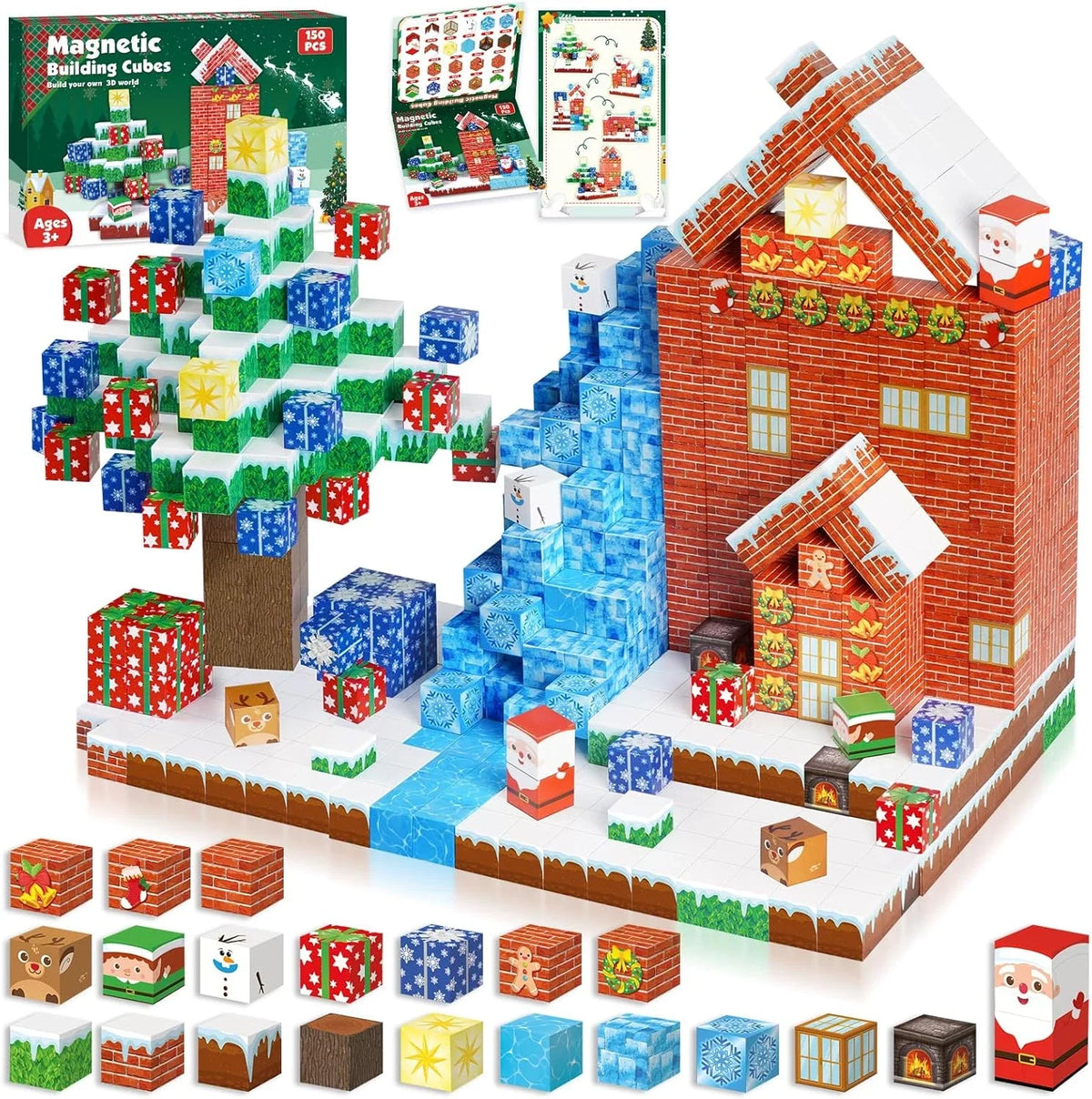 Christmas Magnetic Building Blocks 150, 300 PCS | 2cm/0.8" | Magnet Toys for Kids | Magnetic Building Blocks Cubes | Stacking Magnets