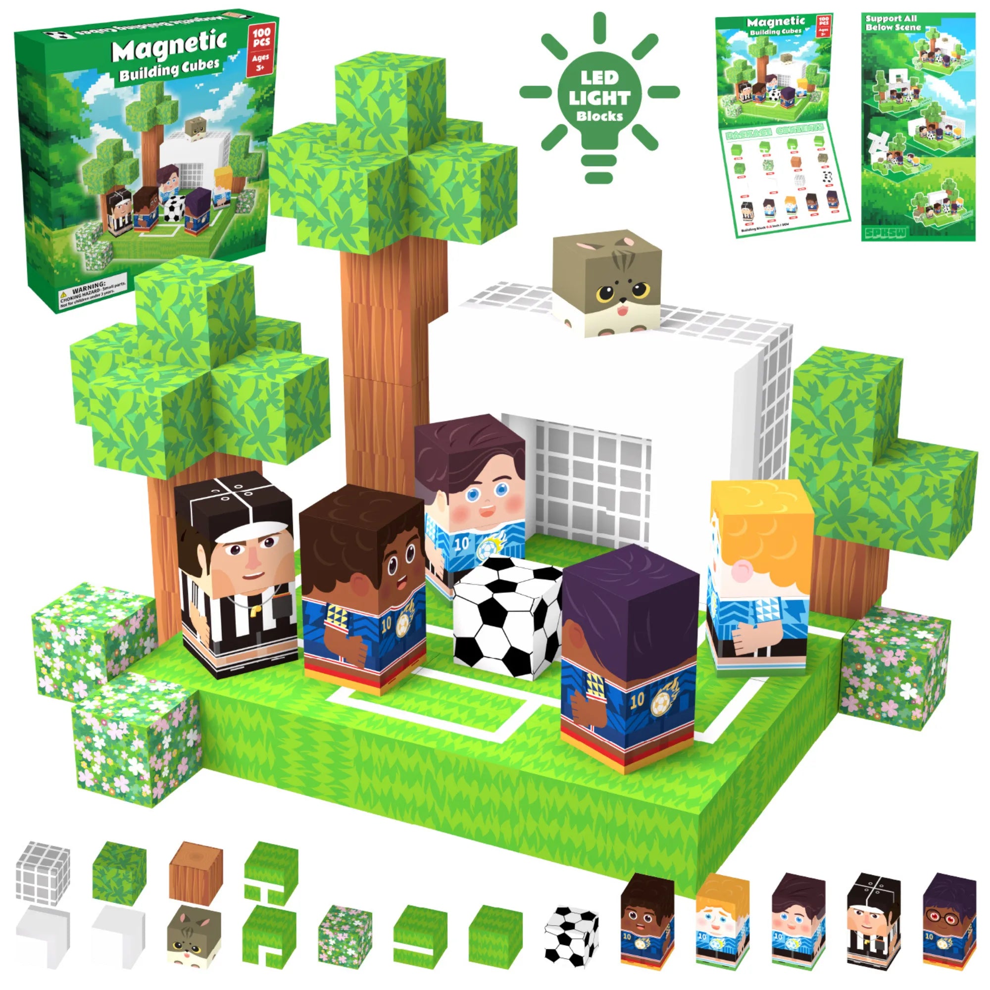 Magnetic Blocks with LED Light Up Blocks 100, 200 PCS | 2cm/0.8" | Magnet Toys for Kids | Magnetic Building Blocks Cubes | Stacking Magnets | Football
