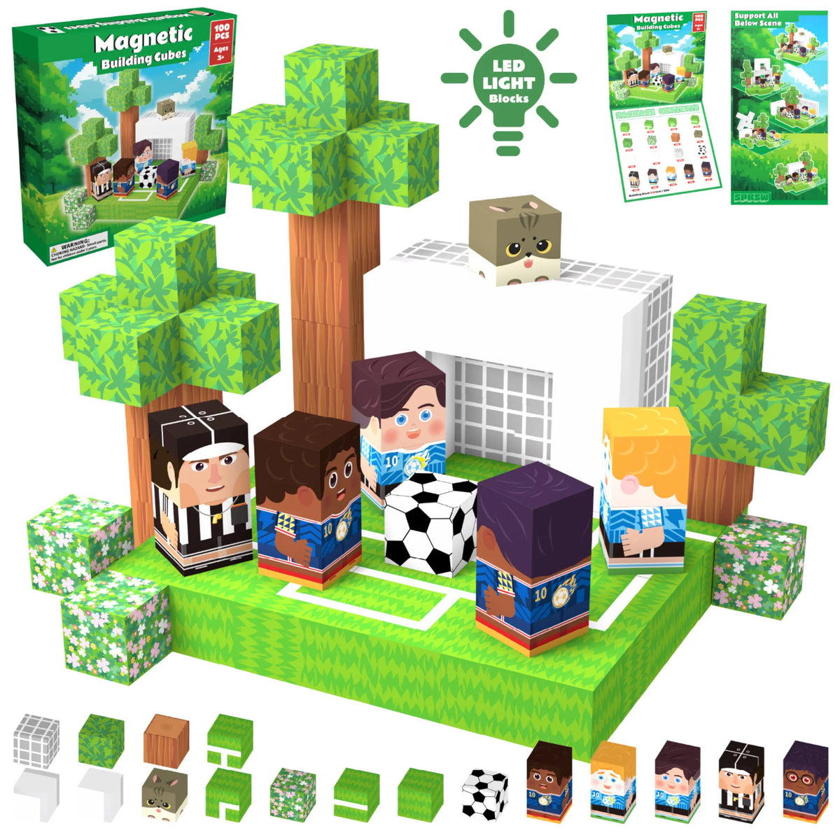 Magnetic Blocks with LED Light Up Blocks 100, 200 PCS | 2cm/0.8" | Magnet Toys for Kids | Magnetic Building Blocks Cubes | Stacking Magnets | Football