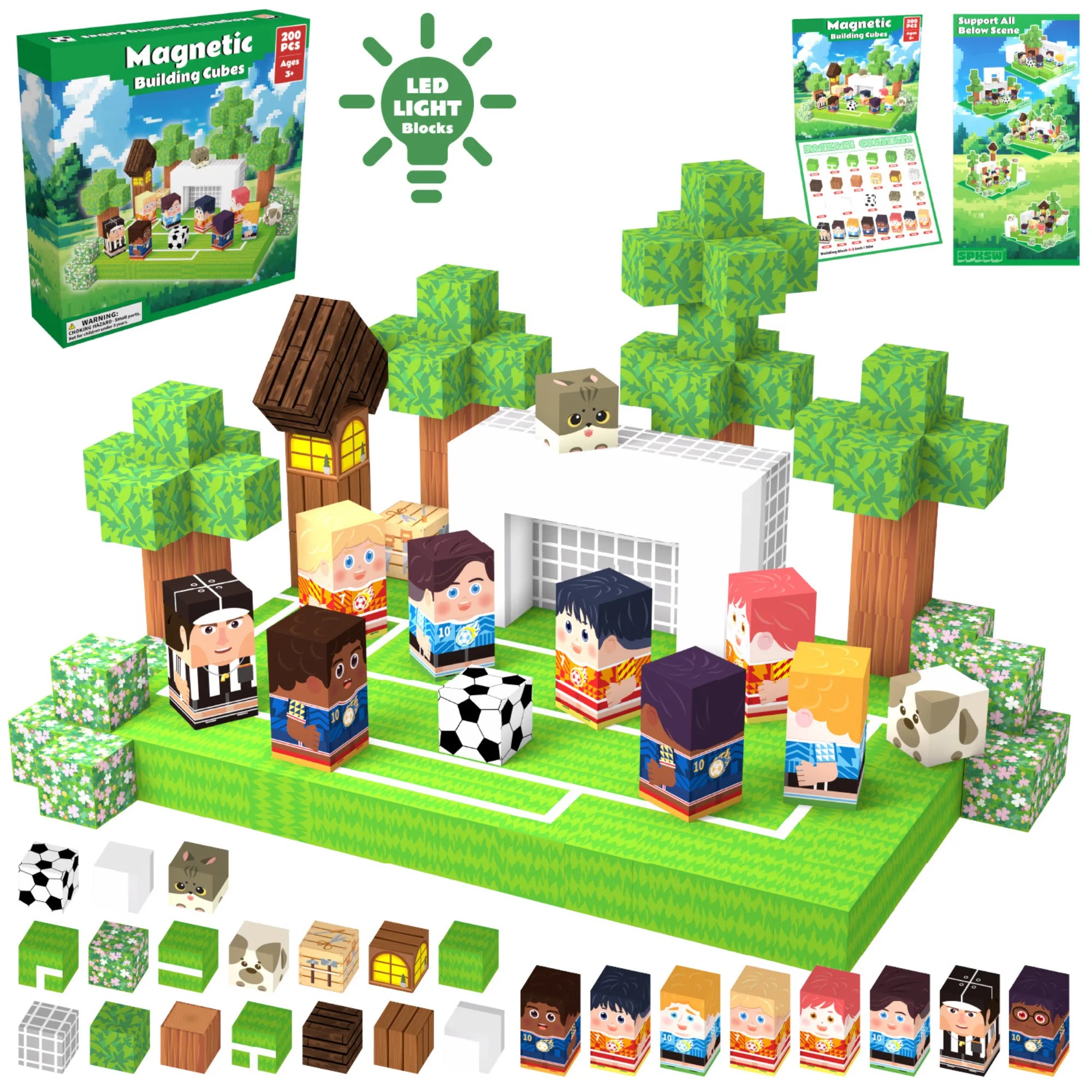 Magnetic Blocks with LED Light Up Blocks 100, 200 PCS | 2cm/0.8" | Magnet Toys for Kids | Magnetic Building Blocks Cubes | Stacking Magnets | Football