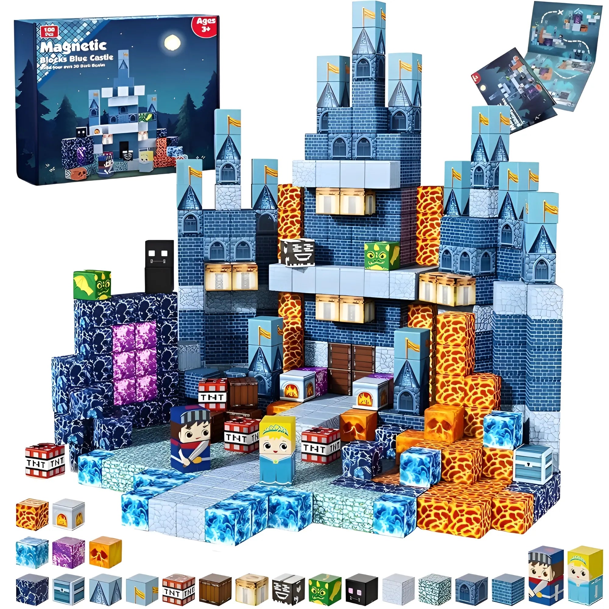 Magnetic Building Blocks 100 PCS | 2cm/0.8" | Magnet Toys for Kids | Magnetic Building Blocks Cubes | Stacking Magnets | Blue Castle
