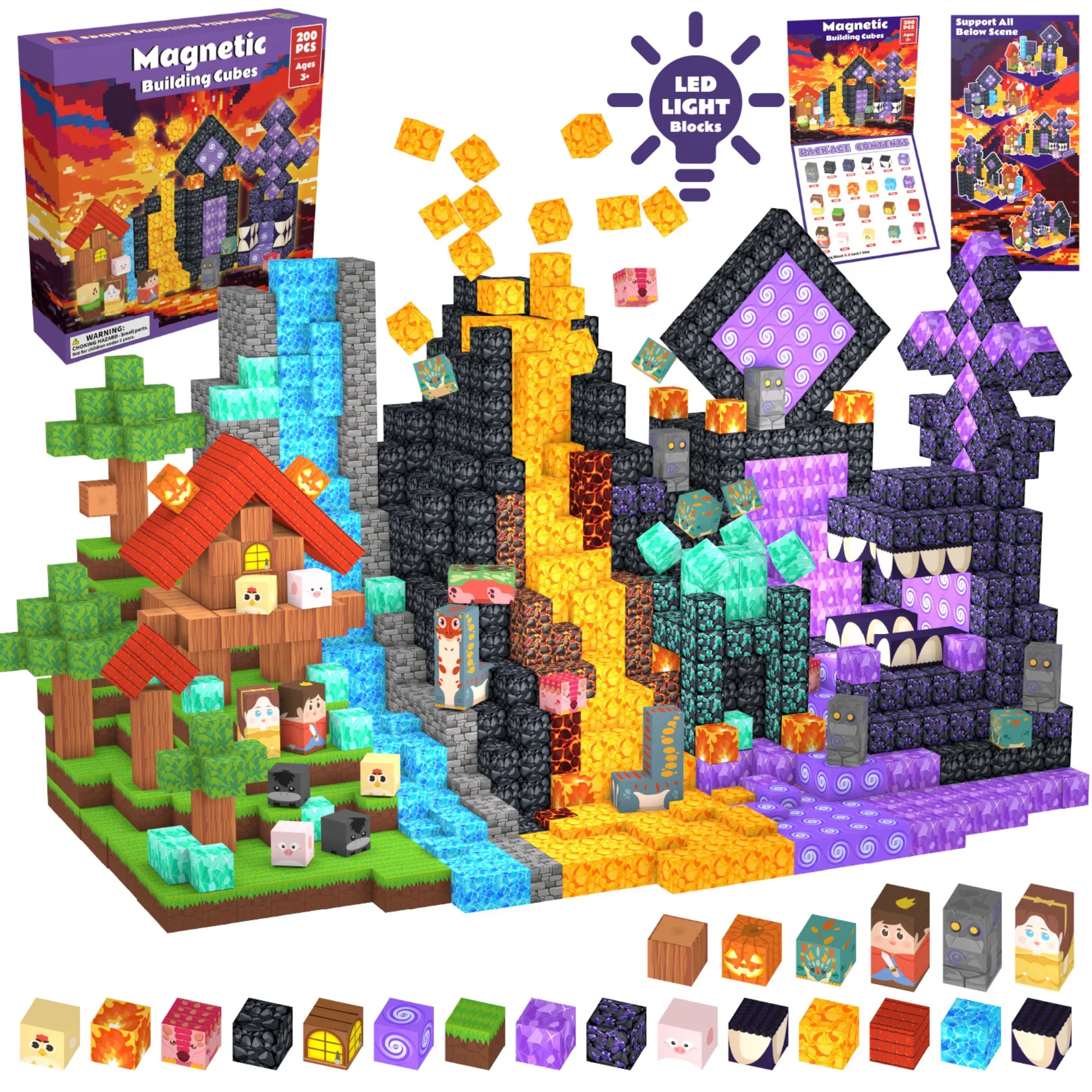 Magnetic Blocks with LED Light Up Blocks 100, 200 PCS | 2cm/0.8" | Magnet Toys for Kids | Magnetic Building Blocks Cubes | Stacking Magnets | Volcanic Eruption